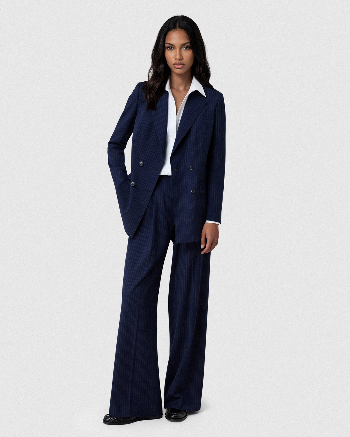 Sacoor Brothers High-Waist Loose Fit Trousers In Pure Wool, Dark Blue