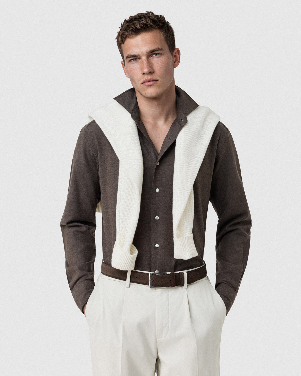 Sacoor Brothers Slim Fit Light Flannel Open Collar Shirt, Chocolate