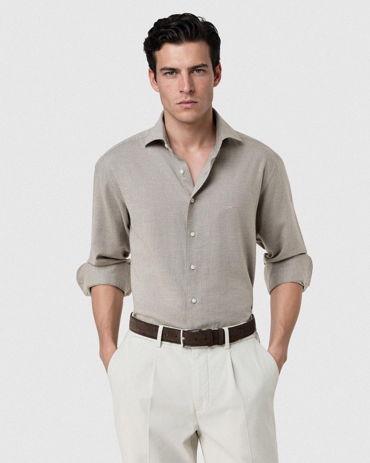 Sacoor Brothers Slim Fit Light Flannel Open Collar Shirt, Light Beige