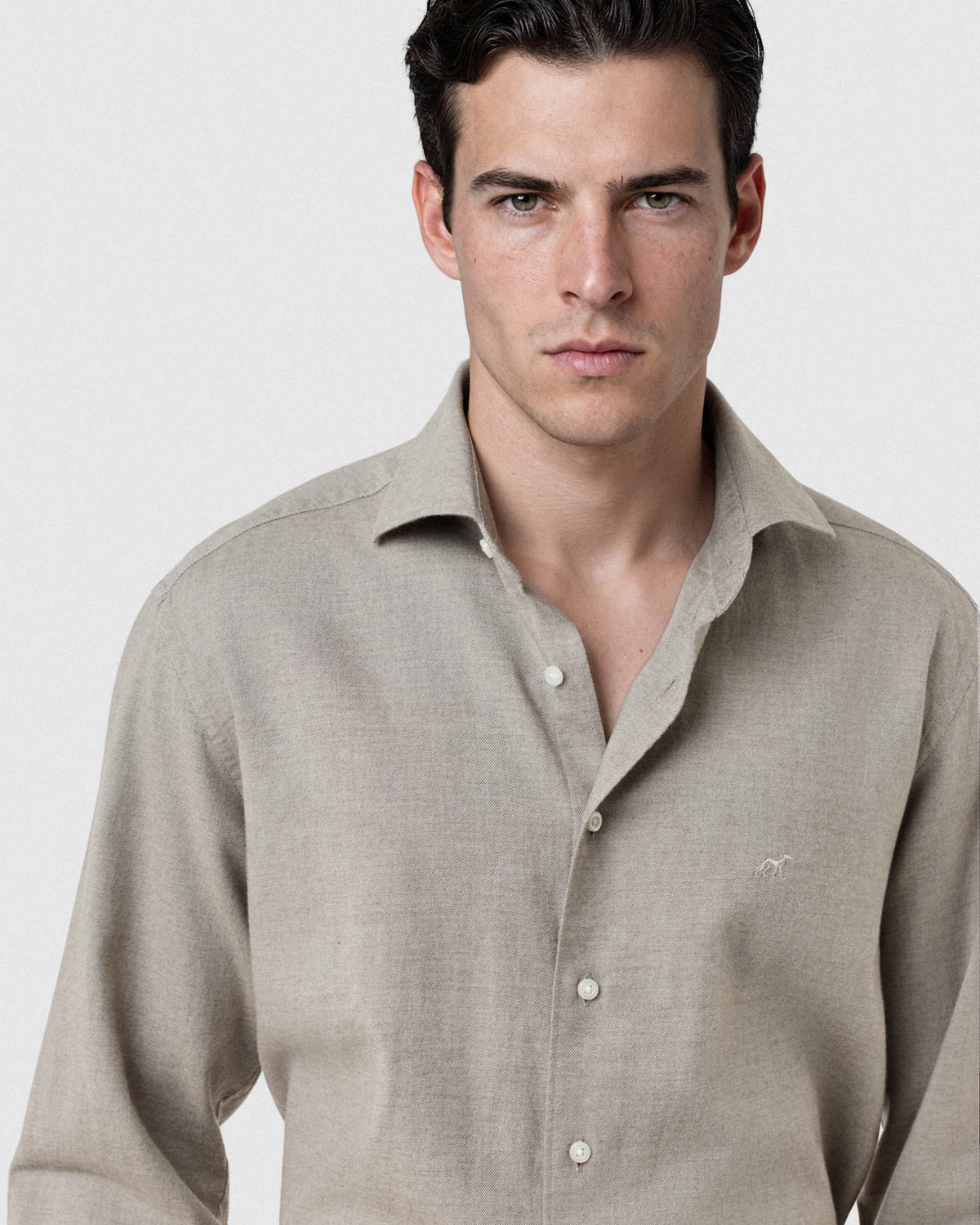 Sacoor Brothers Slim Fit Light Flannel Open Collar Shirt, Light Beige