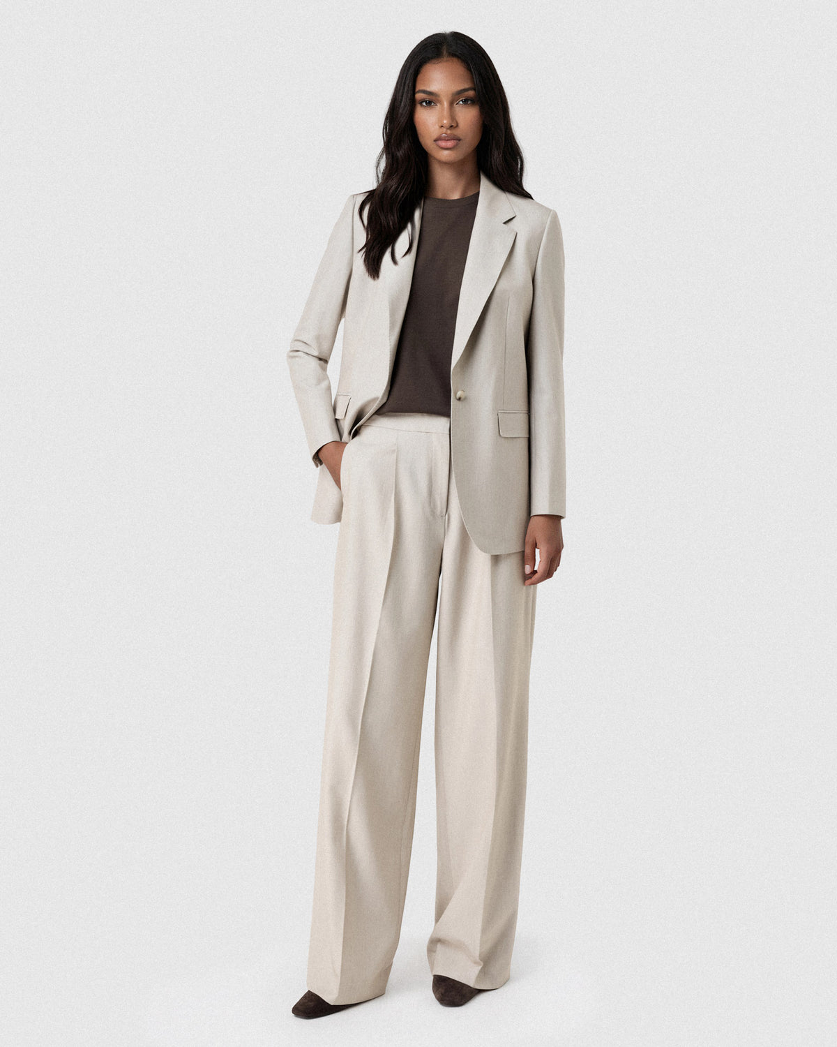 Sacoor Brothers High-Waist Loose Fit Trousers With Pressed Creases, Beige