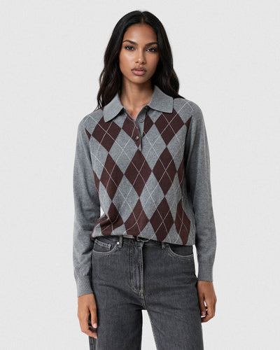 Long Sleeve Argyle Polo Sweater In Cotton And Wool Blend